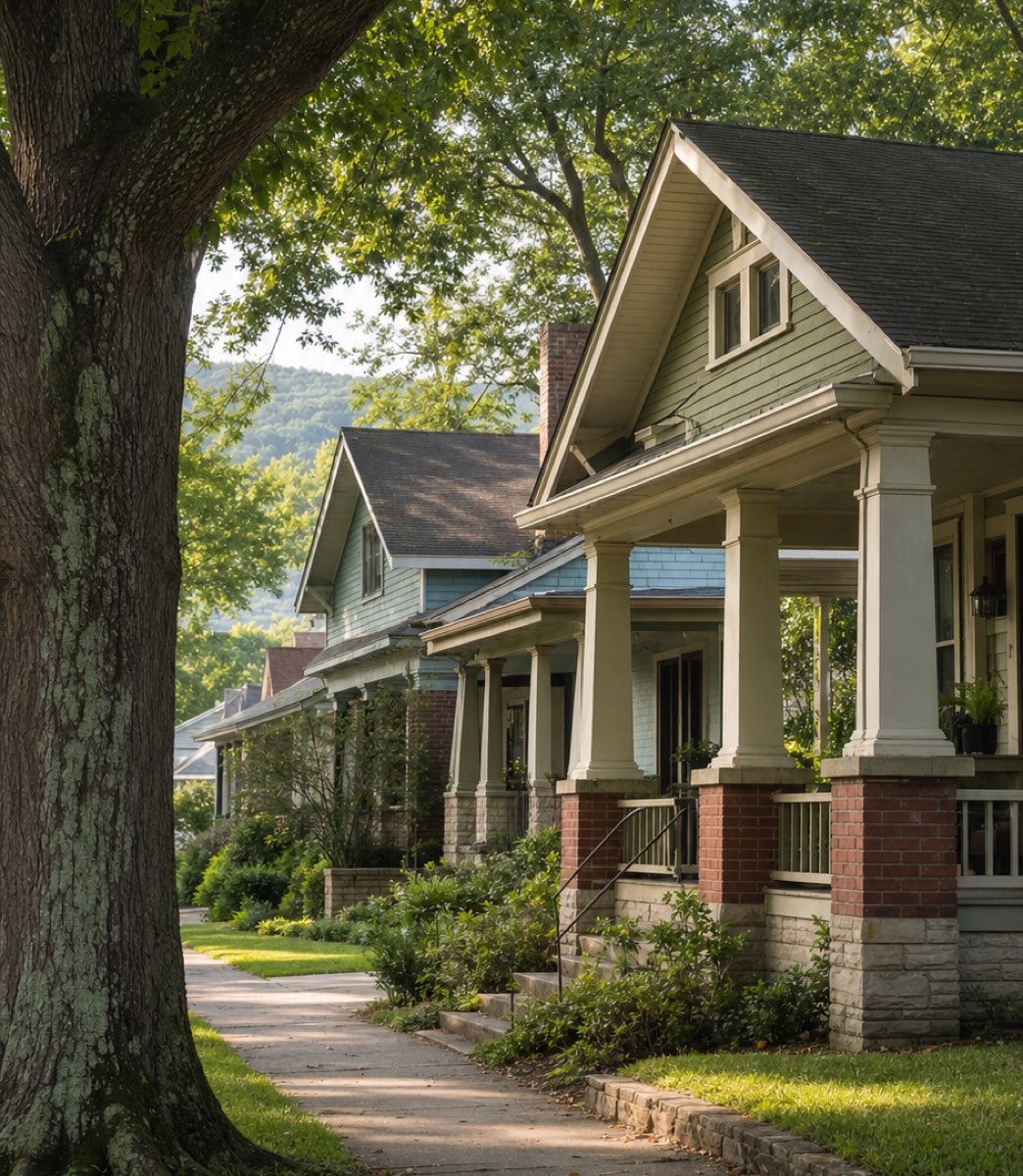 Early-1900s bungalows with mature trees along a historic Huntsville street