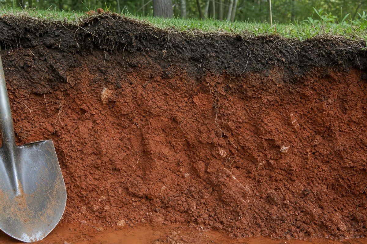 Excavated ground showing the deep red clay soil typical of the Tennessee Valley