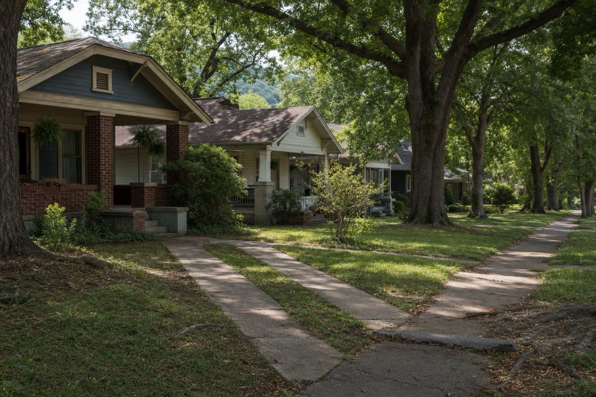 Narrow ribbon driveway beside a craftsman bungalow on a sidewalk-lined Five Points street in Huntsville