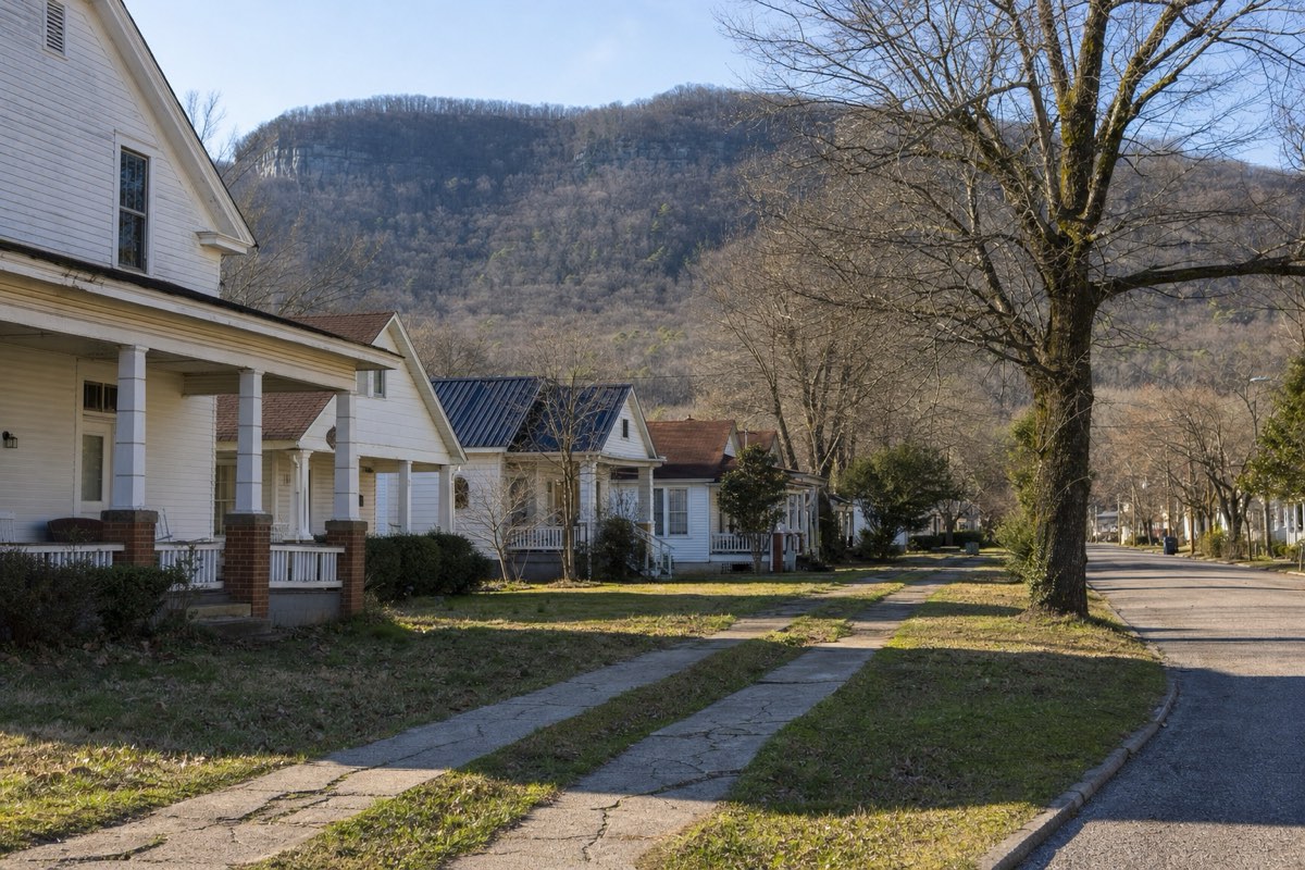 Aged cracked driveway beside a historic early-1900s home on a shaded street in Gurley