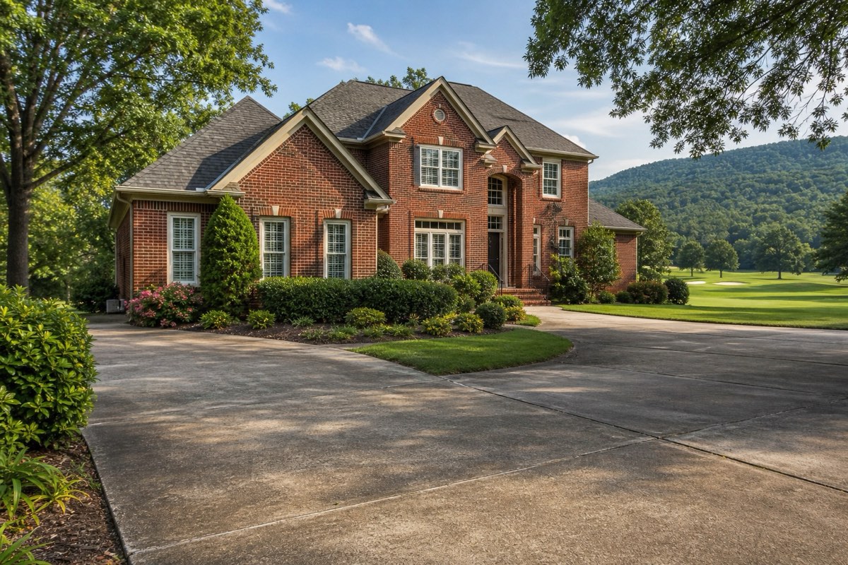 Wide finished concrete driveway at a golf-community home in Hampton Cove with manicured landscaping