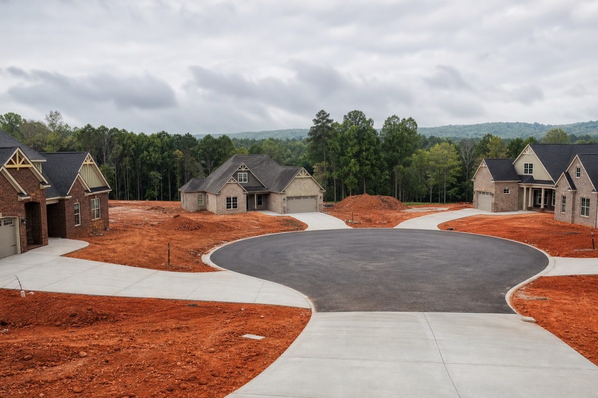 Concrete driveway and garage approach at a recently built house in a new Harvest subdivision