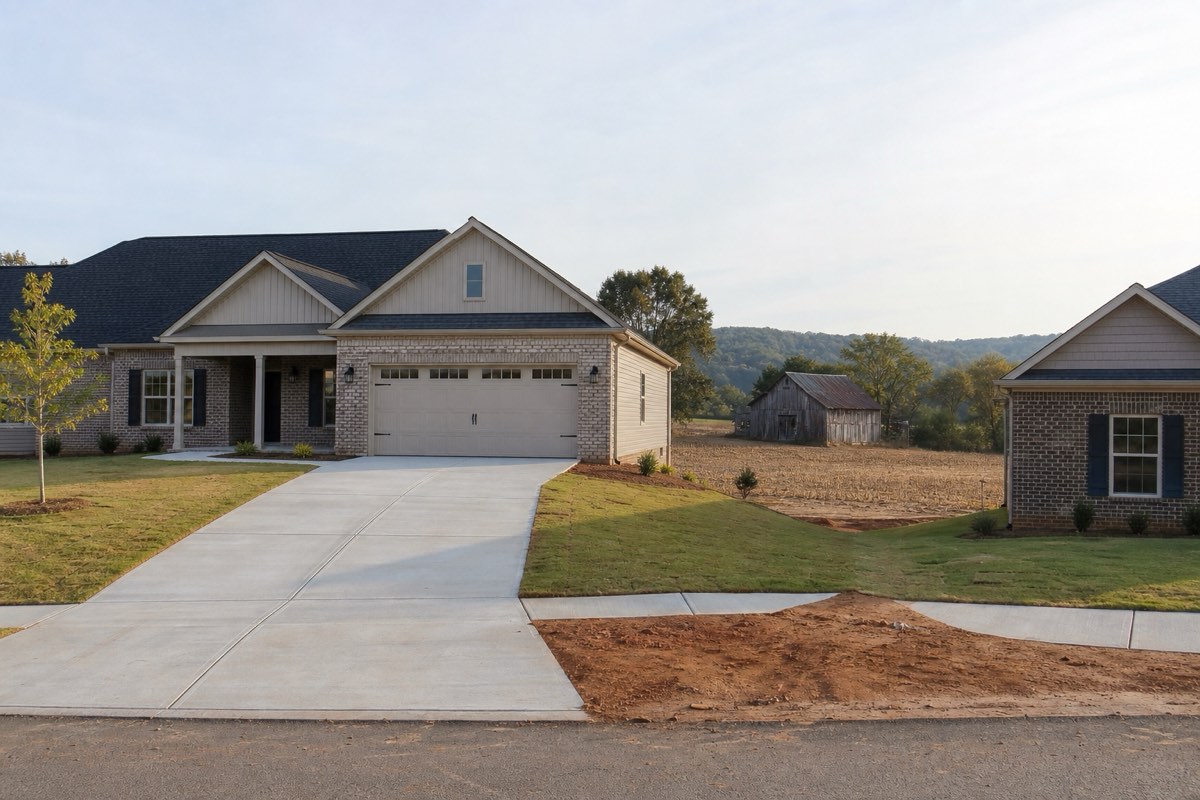 Long concrete driveway leading to a home with open farmland stretching behind it in Hazel Green