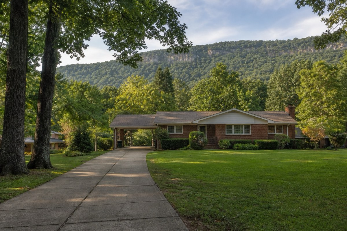 Mid-century ranch home with a shaded mature lot and concrete driveway in Jones Valley, mountains in the background