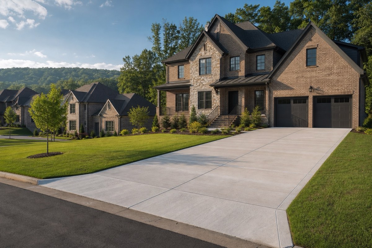 New two-car concrete driveway at a brick home on a Madison subdivision street lined with young trees