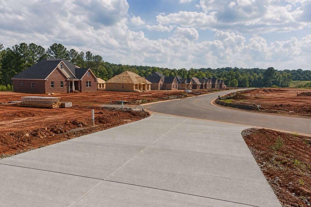 Freshly poured concrete driveway at a new home on a developing street off US 231 in Meridianville