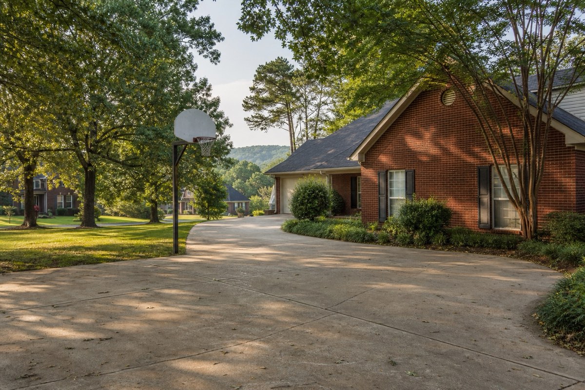 Established suburban street with mature trees and a two-car concrete driveway in Moores Mill