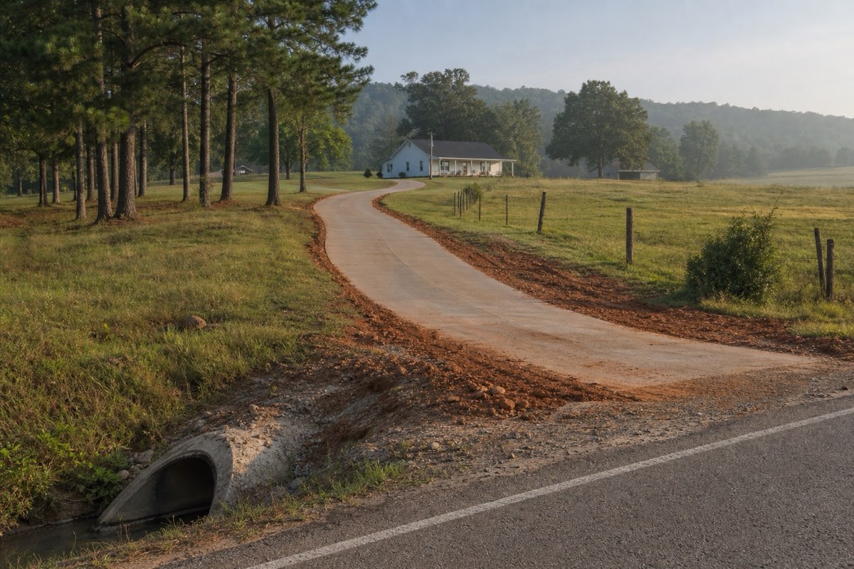Long country driveway transitioning from gravel to fresh concrete at a rural New Hope property