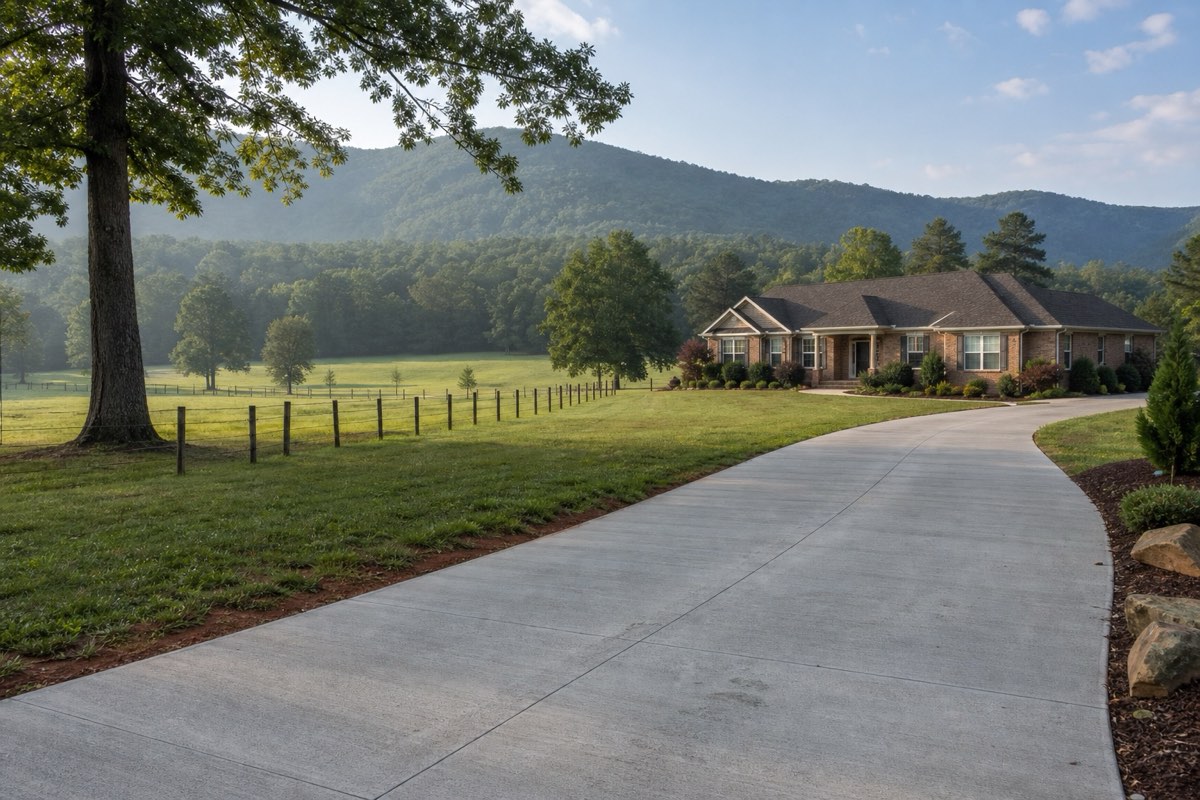 New concrete driveway at a home on a gently sloping lot in the Flint River valley at Owens Cross Roads