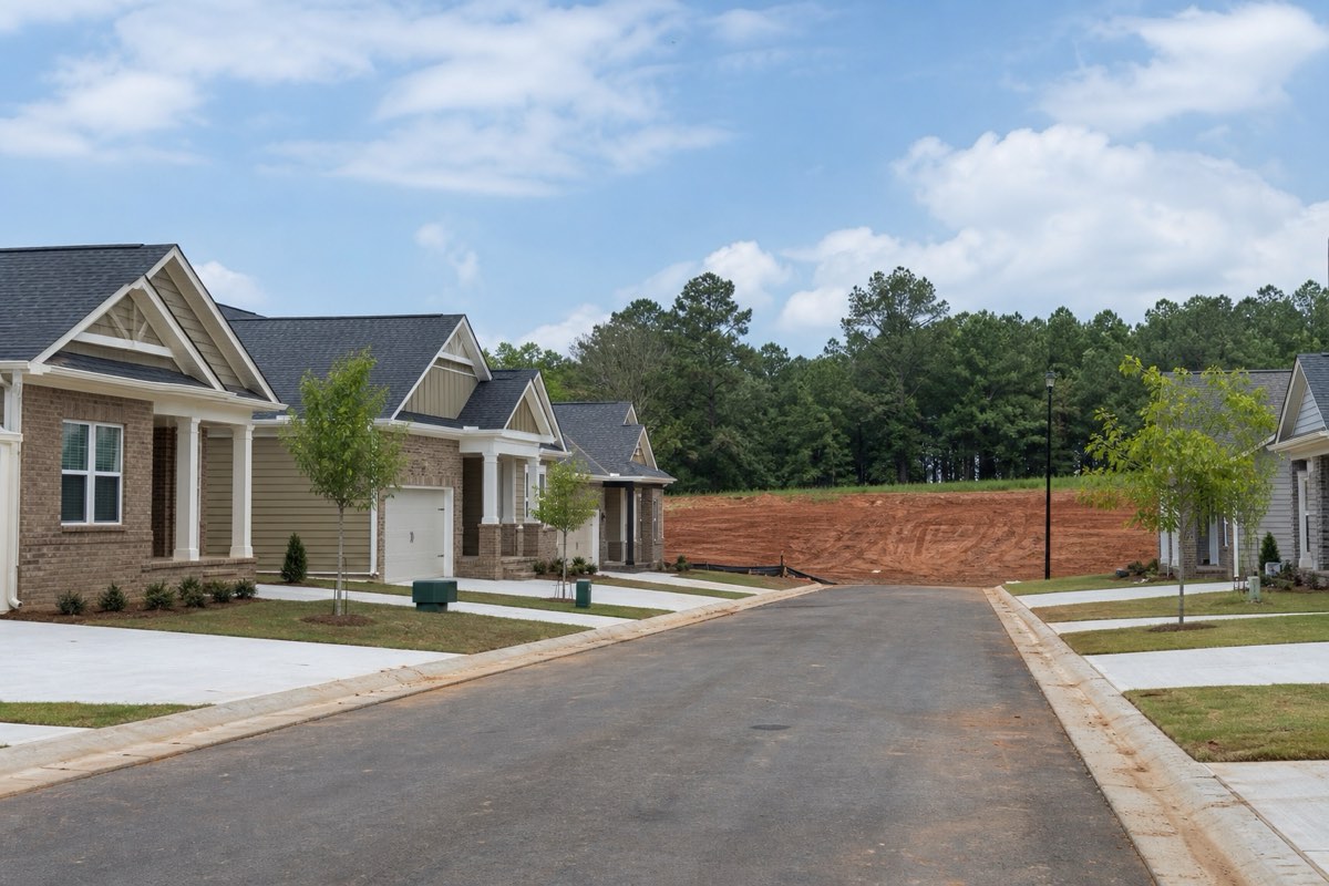 Rows of new homes with light-gray concrete driveways in a Triana subdivision near the Tennessee River
