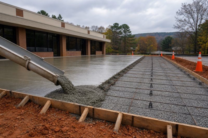 Rebar grid laid out for a commercial concrete apron at a business entrance, traffic cones lining the roadside work zone
