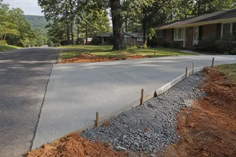 Continuous extruded concrete landscape curbing separating a green lawn from a mulched planting bed at an Alabama home