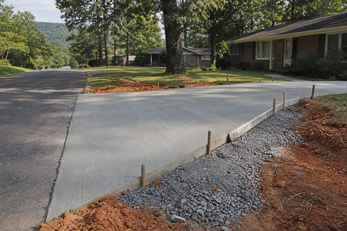 Continuous extruded concrete landscape curbing separating a green lawn from a mulched planting bed at an Alabama home