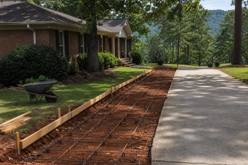 Newly poured widening strip beside an existing concrete driveway at a brick home, form boards still in place along the lawn edge
