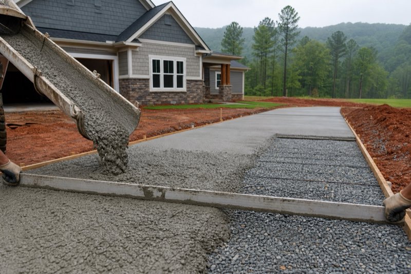 Concrete truck discharging into driveway forms on a new-construction lot in Huntsville, red clay soil visible beyond the gravel base