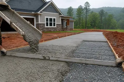 Concrete truck discharging into driveway forms on a new-construction lot in Huntsville, red clay soil visible beyond the gravel base