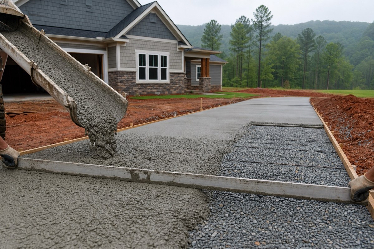 Concrete truck discharging into driveway forms on a new-construction lot in Huntsville, red clay soil visible beyond the gravel base