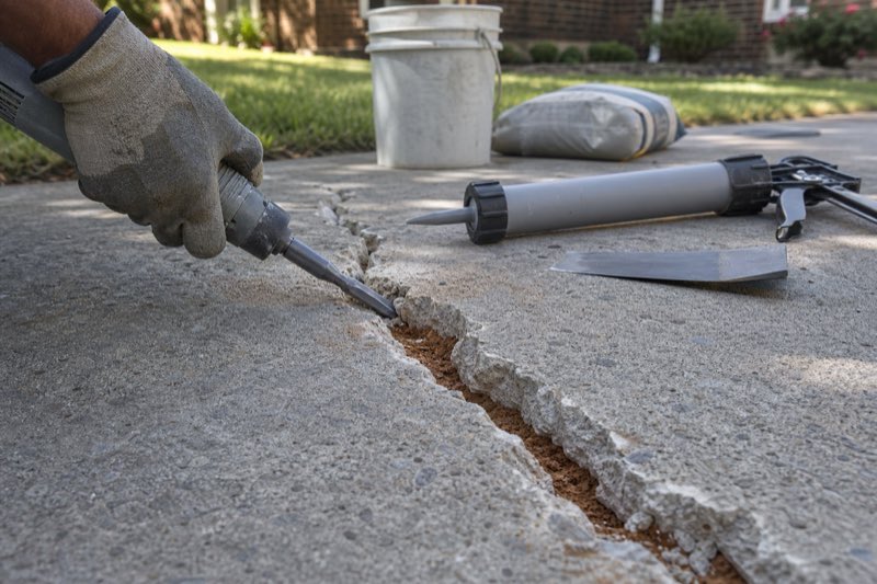 Close-up of a repaired driveway crack with fresh gray sealant running across a weathered concrete slab