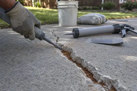 Close-up of a repaired driveway crack with fresh gray sealant running across a weathered concrete slab