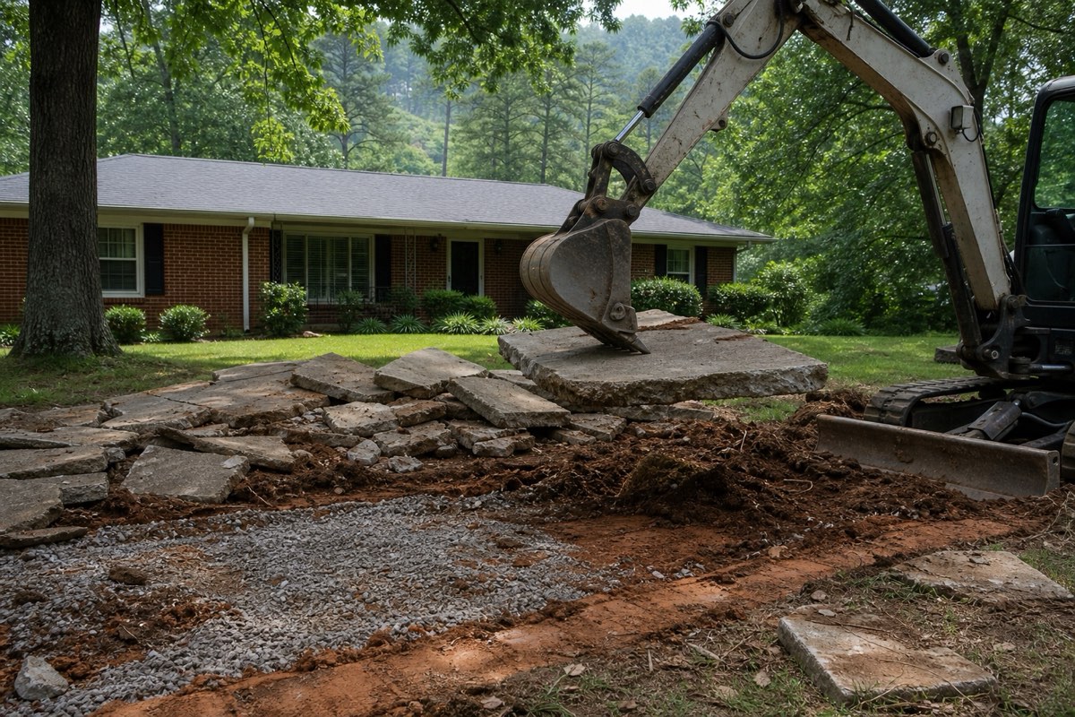 Excavator lifting broken driveway sections into a dump trailer at an Alabama home, red clay exposed where the old slab was removed