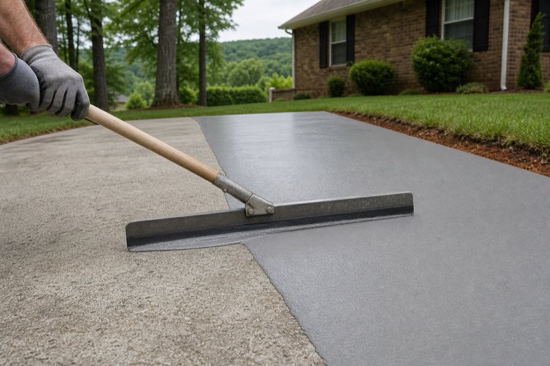Squeegee pulling a thin light-gray overlay across an older driveway slab, half the surface renewed and half still weathered