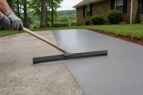 Squeegee pulling a thin light-gray overlay across an older driveway slab, half the surface renewed and half still weathered