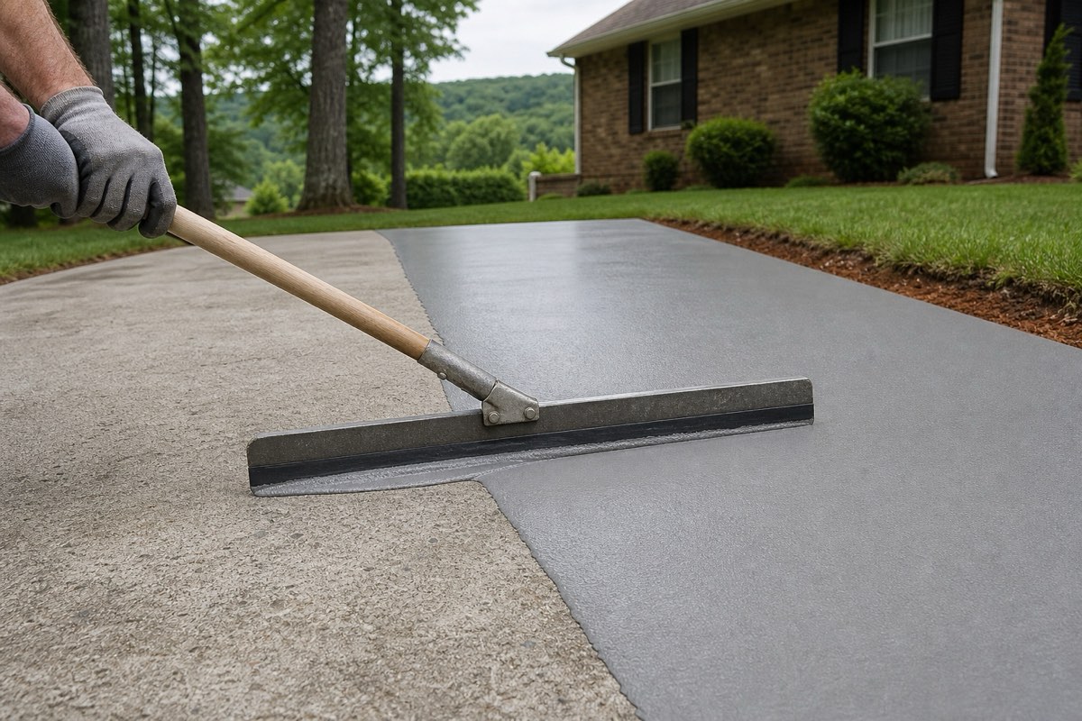 Squeegee pulling a thin light-gray overlay across an older driveway slab, half the surface renewed and half still weathered