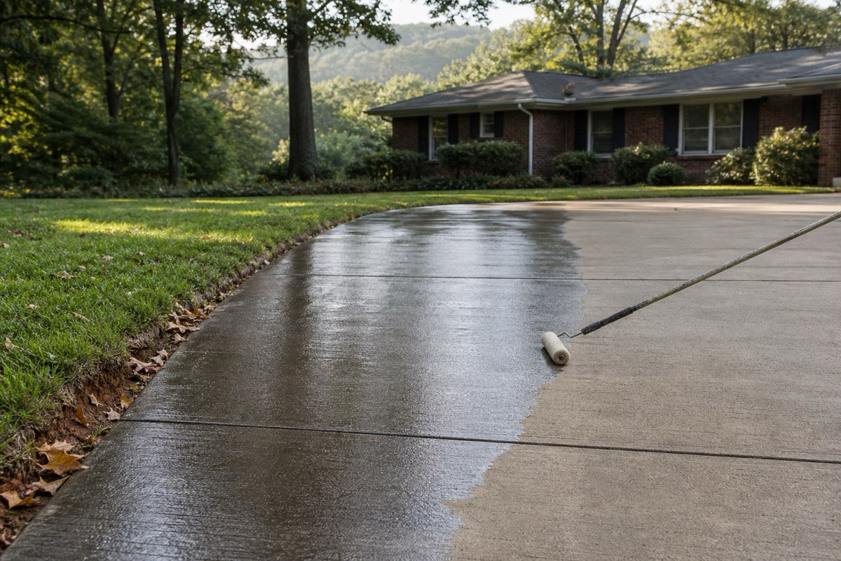 Applicator rolling clear sealer onto a broom-finished concrete driveway, the coated half showing a darker satin tone