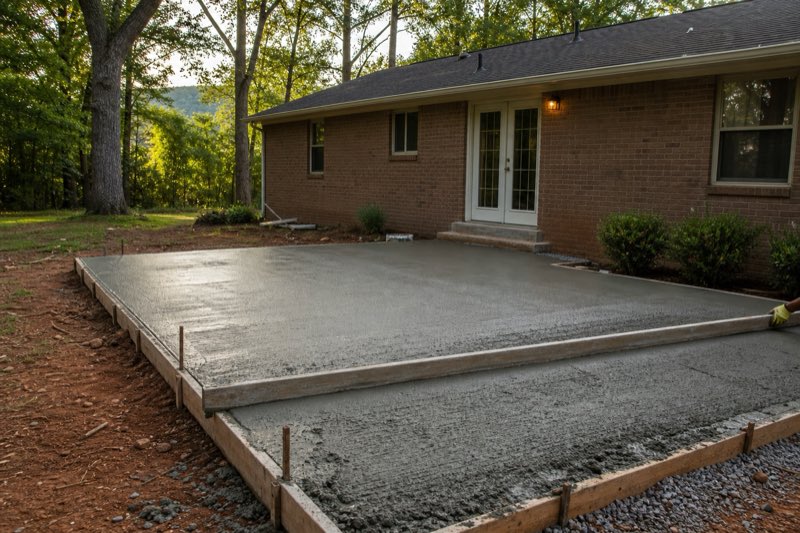 Textured concrete pool deck in a light finish surrounding a backyard pool, wooded Alabama hillside in the background