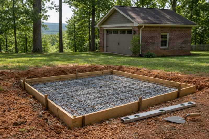 Freshly finished square concrete pad with anchor bolts protruding, ready for a backyard shed, tool marks still visible at the edges