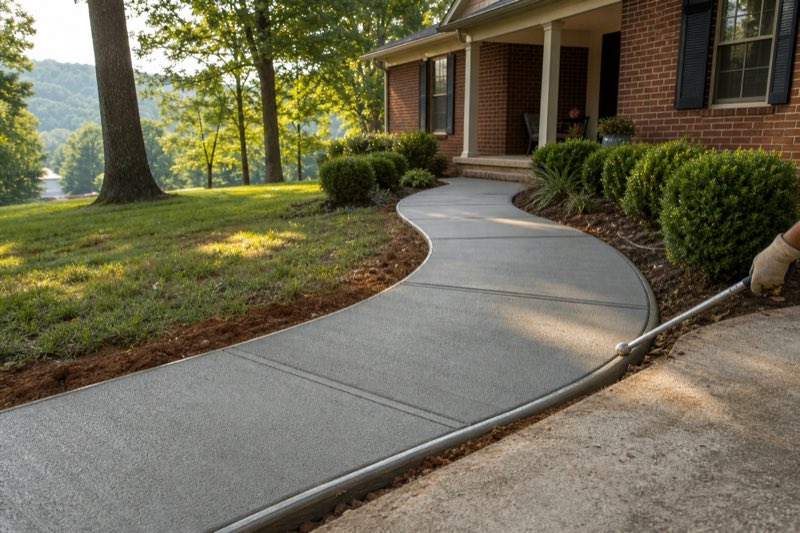 Broom-finished concrete front walk curving past mature trees toward the porch of an older Huntsville home