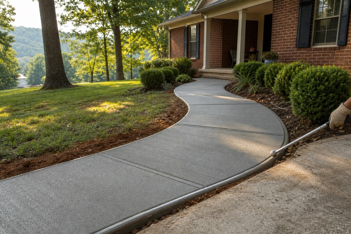 Broom-finished concrete front walk curving past mature trees toward the porch of an older Huntsville home