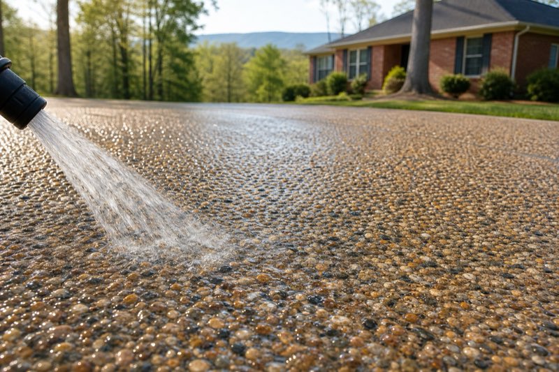 Detail of an exposed aggregate driveway surface showing rounded brown and gray stones set in concrete, wet from recent rain