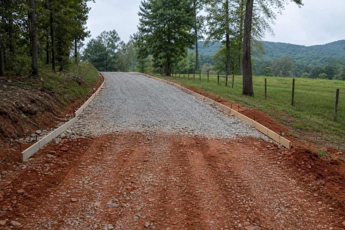 Long rural driveway with fresh concrete in the foreground giving way to a rutted red-clay gravel track toward a farmhouse