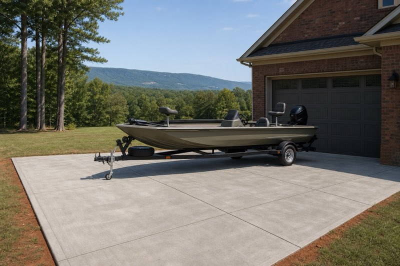 Wide reinforced concrete parking pad alongside a Huntsville-area home with a travel trailer parked on it under open sky