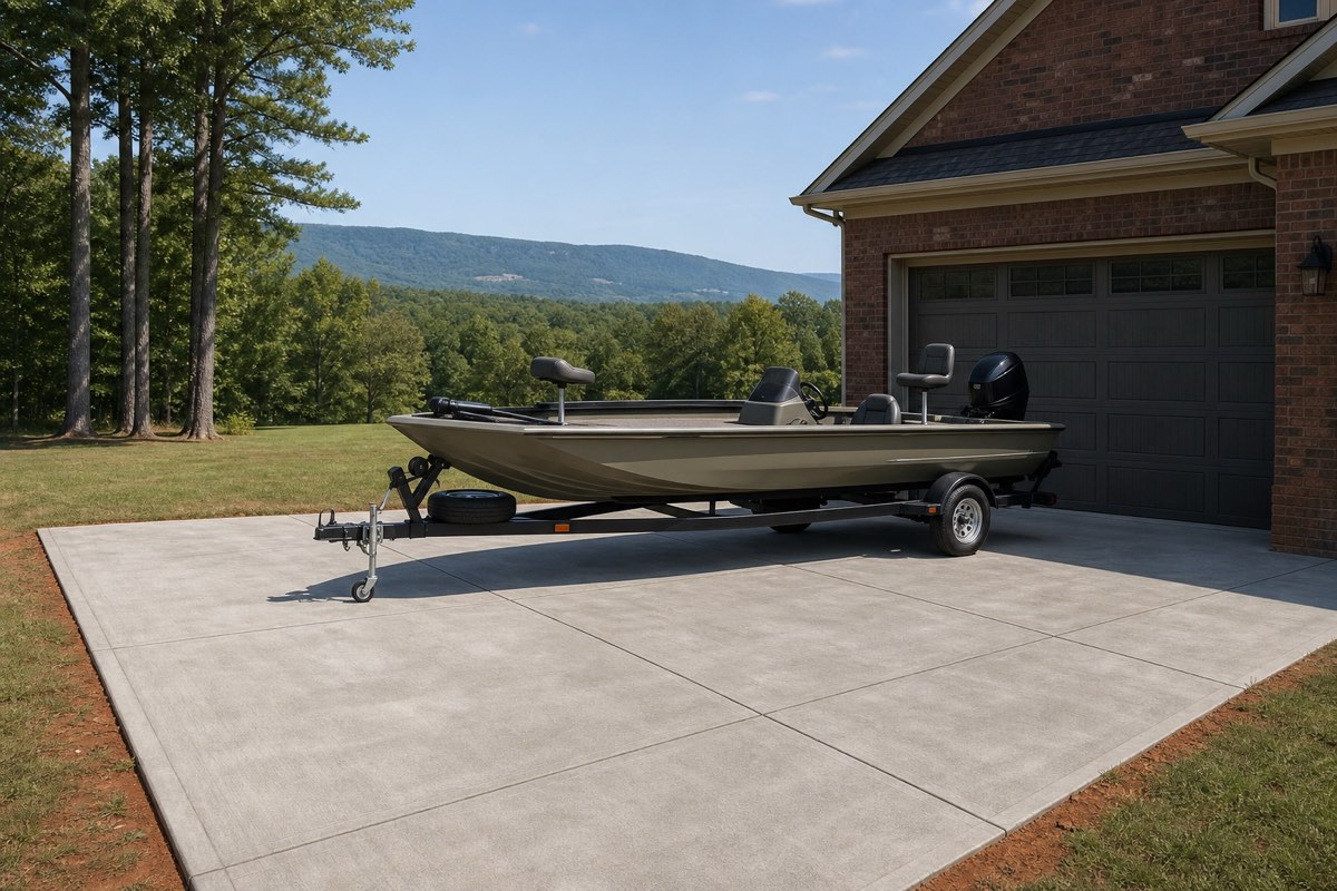 Wide reinforced concrete parking pad alongside a Huntsville-area home with a travel trailer parked on it under open sky