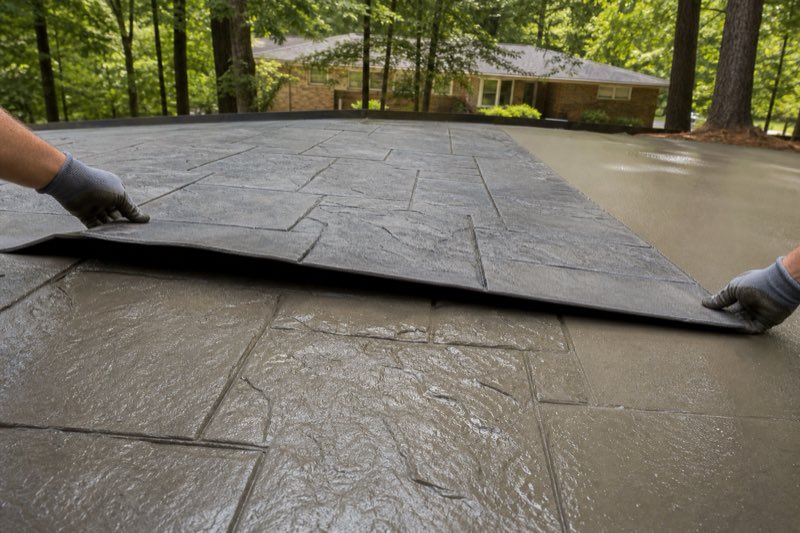 Stamped concrete driveway with a gray slate pattern leading to a two-story Alabama home, sealed surface catching the light
