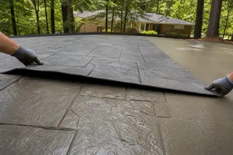 Stamped concrete driveway with a gray slate pattern leading to a two-story Alabama home, sealed surface catching the light